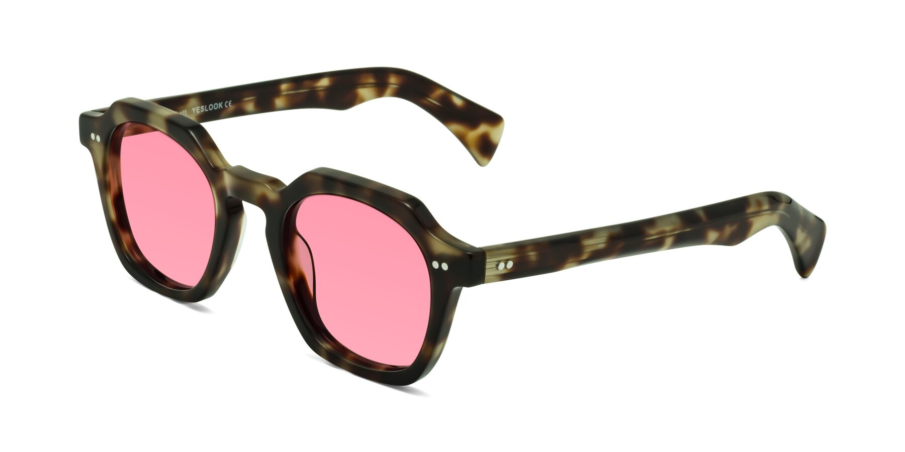 Angle of Beckett in Olive Tortoise with Pink Tinted Lenses
