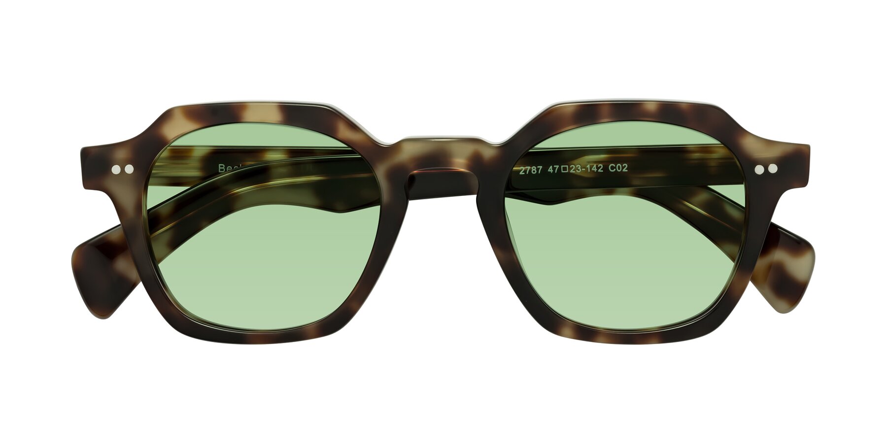 Folded Front of Beckett in Olive Tortoise with Medium Green Tinted Lenses