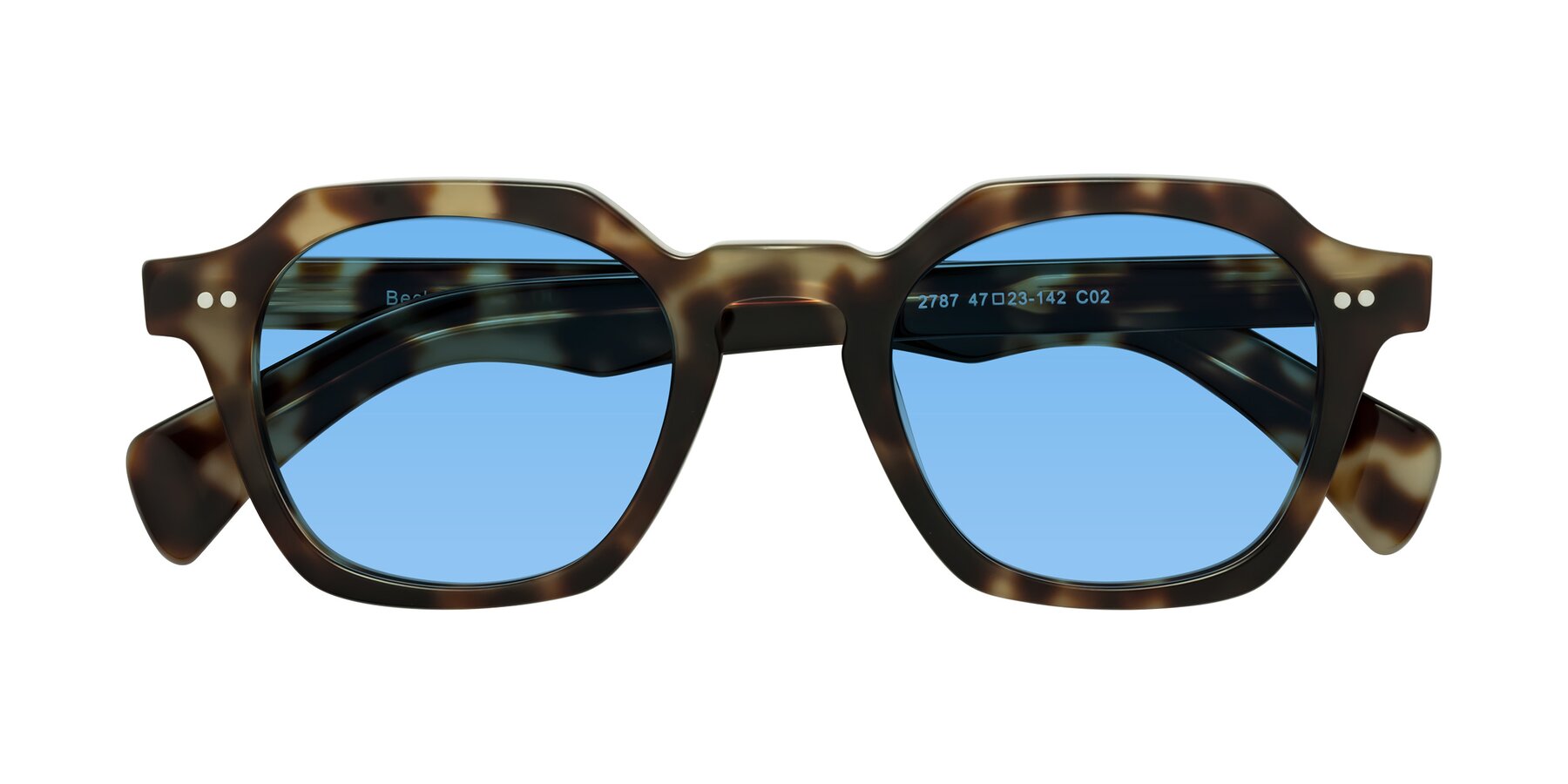Folded Front of Beckett in Olive Tortoise with Medium Blue Tinted Lenses