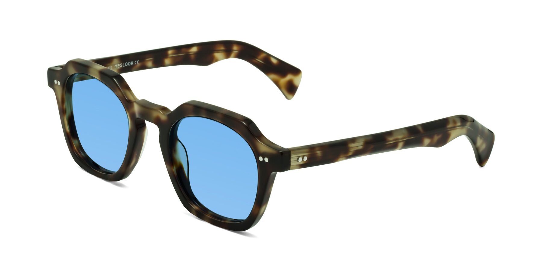 Angle of Beckett in Olive Tortoise with Medium Blue Tinted Lenses