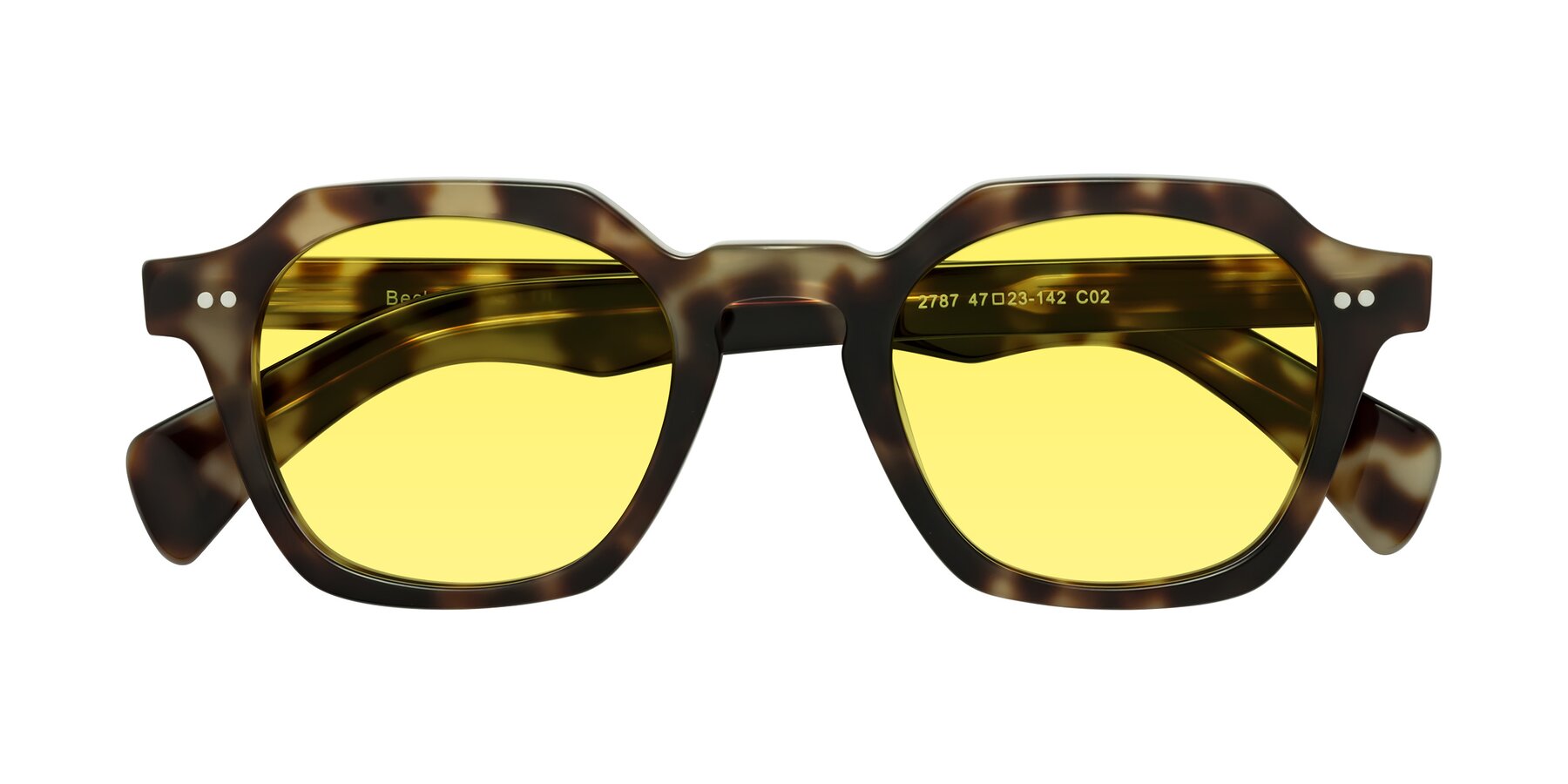 Folded Front of Beckett in Olive Tortoise with Medium Yellow Tinted Lenses