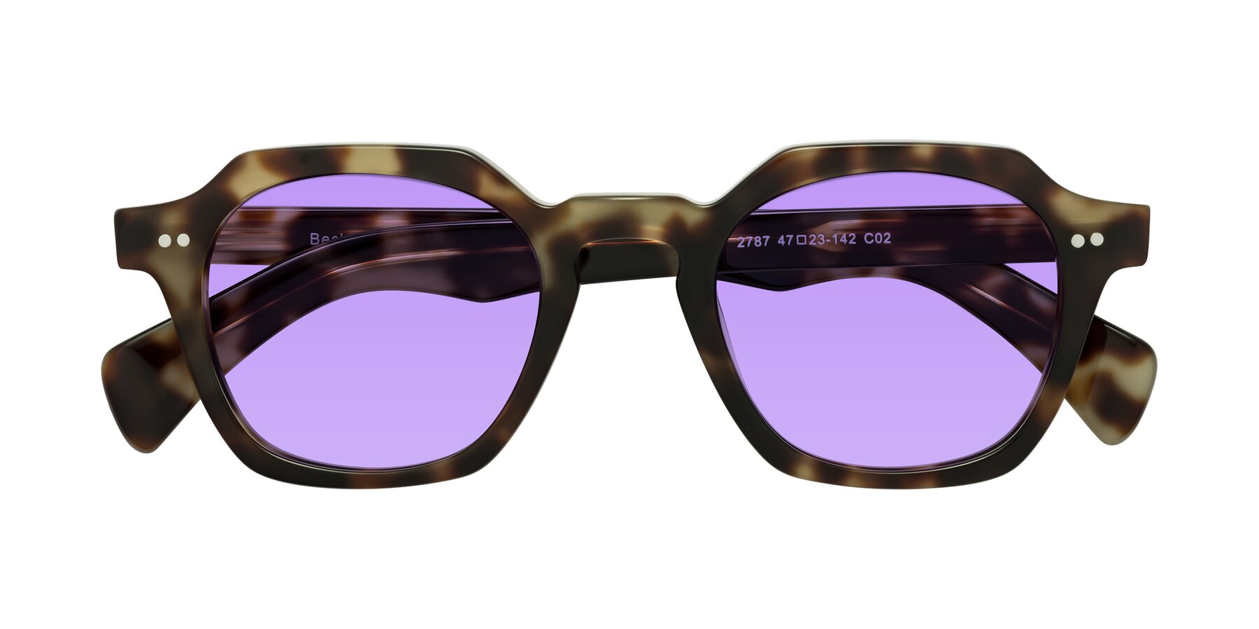 Folded Front of Beckett in Olive Tortoise with Medium Purple Tinted Lenses