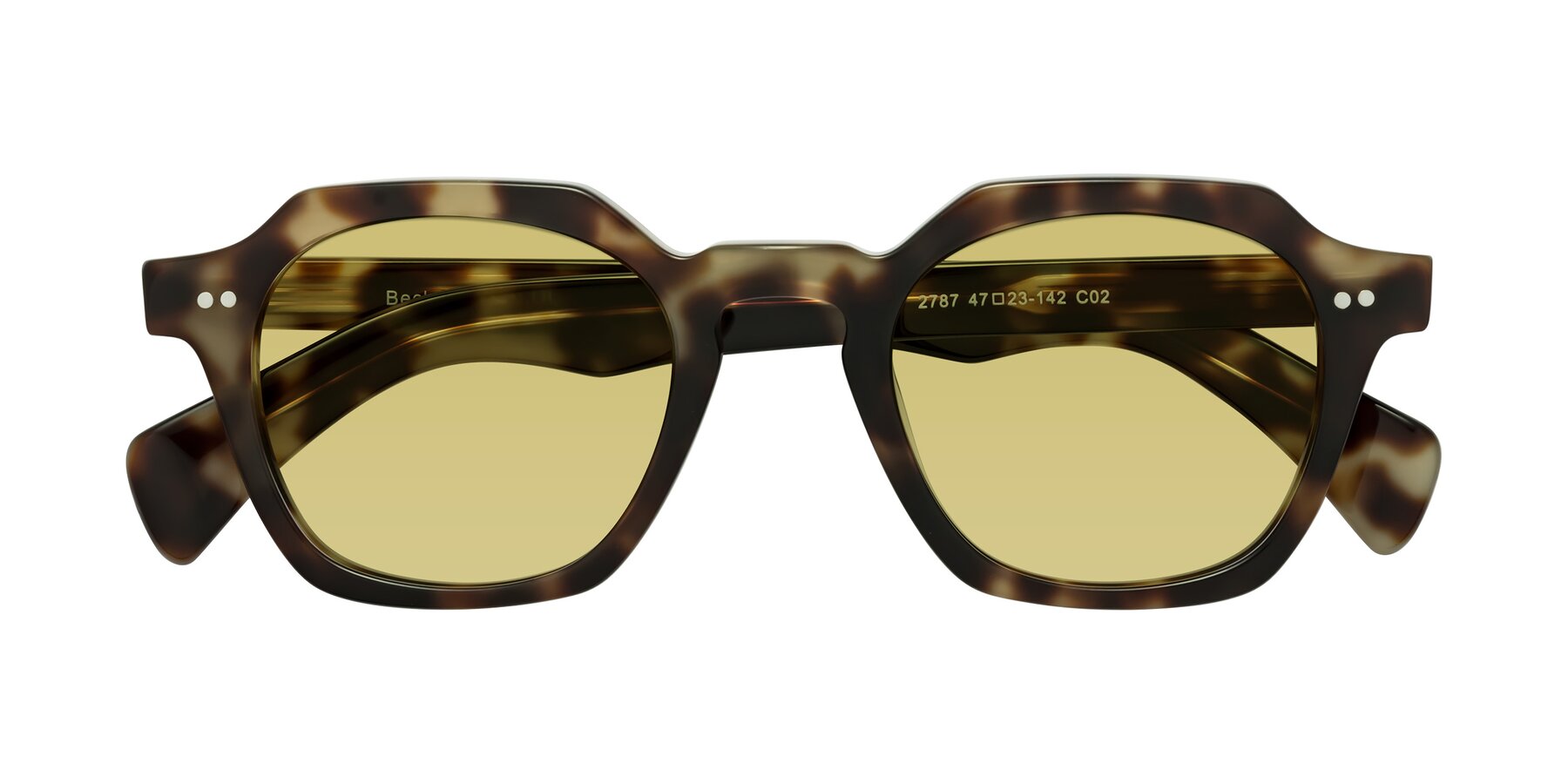 Folded Front of Beckett in Olive Tortoise with Medium Champagne Tinted Lenses