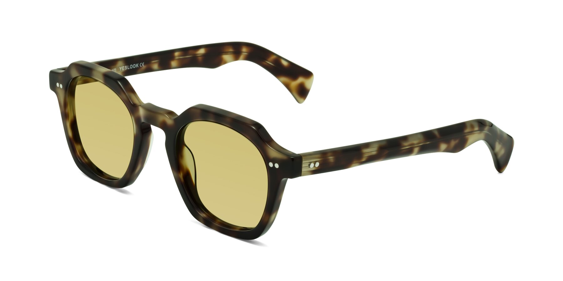 Angle of Beckett in Olive Tortoise with Medium Champagne Tinted Lenses