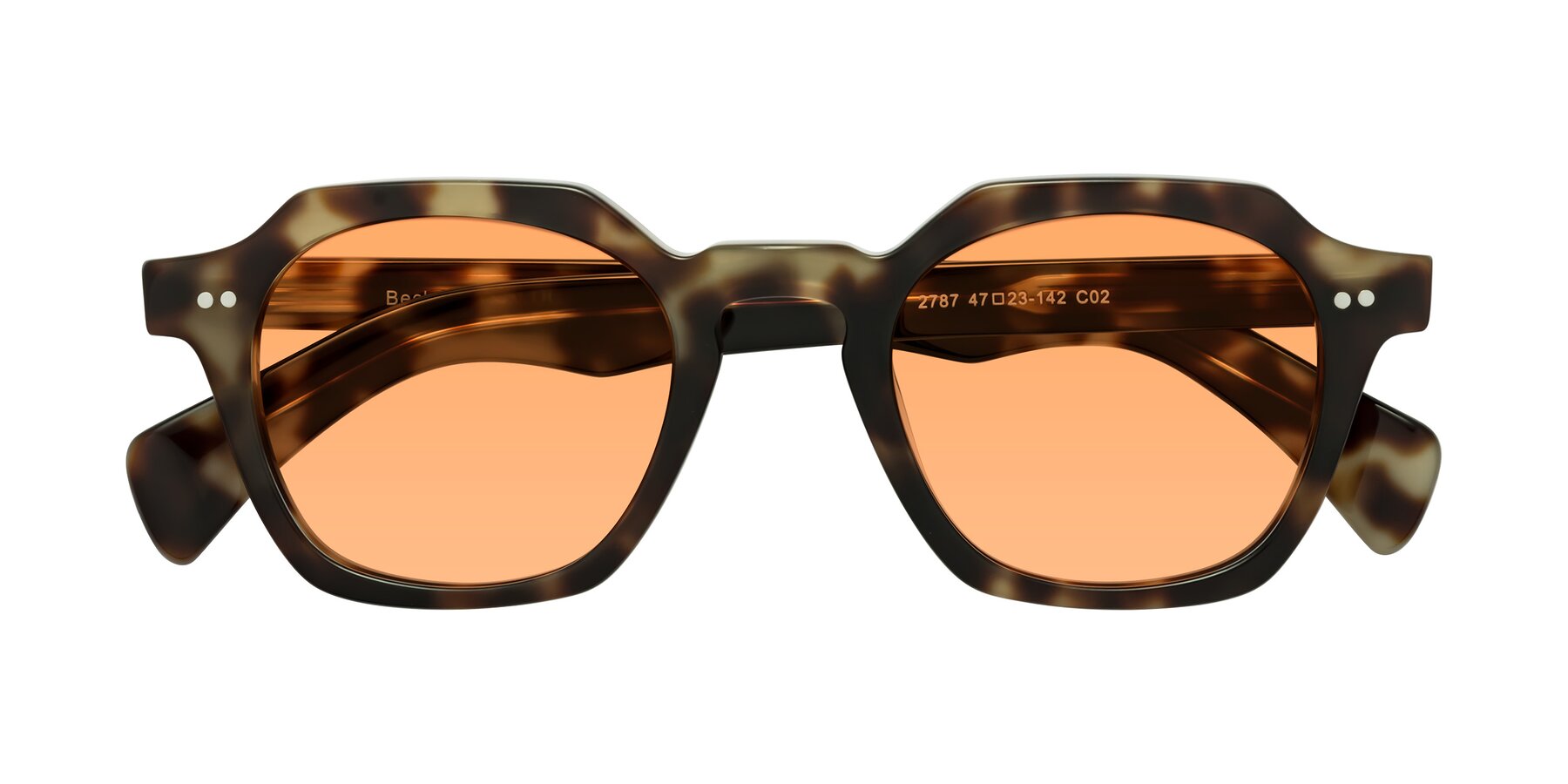Folded Front of Beckett in Olive Tortoise with Medium Orange Tinted Lenses