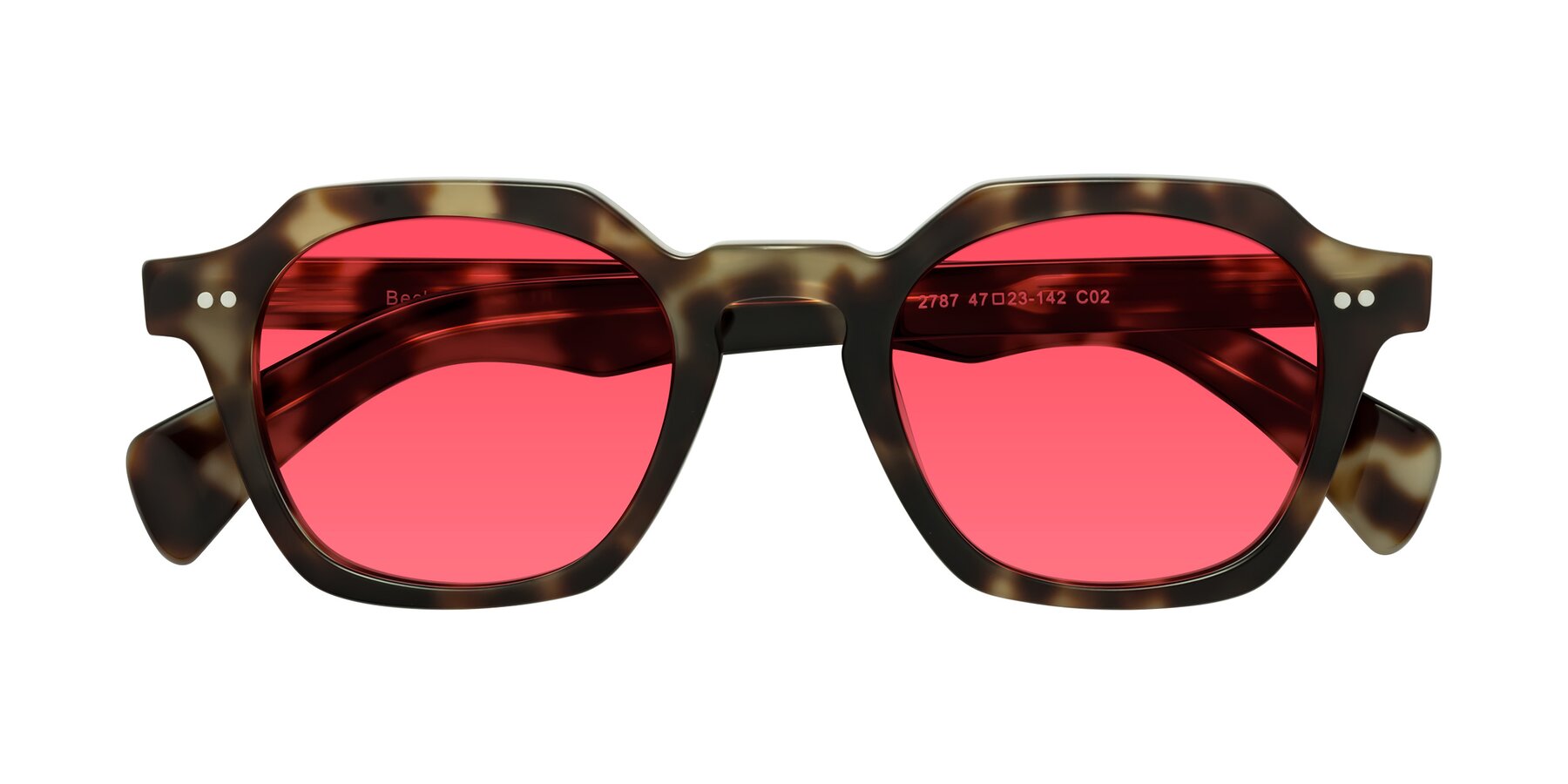 Folded Front of Beckett in Olive Tortoise with Red Tinted Lenses