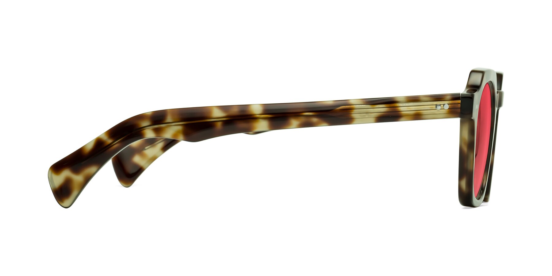 Side of Beckett in Olive Tortoise with Red Tinted Lenses
