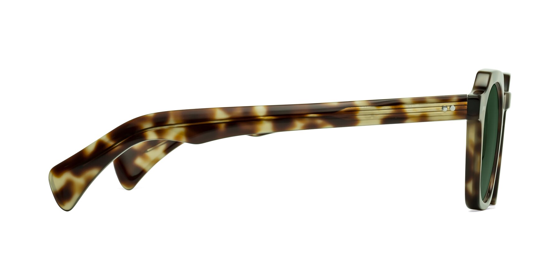 Side of Beckett in Olive Tortoise with Green Tinted Lenses