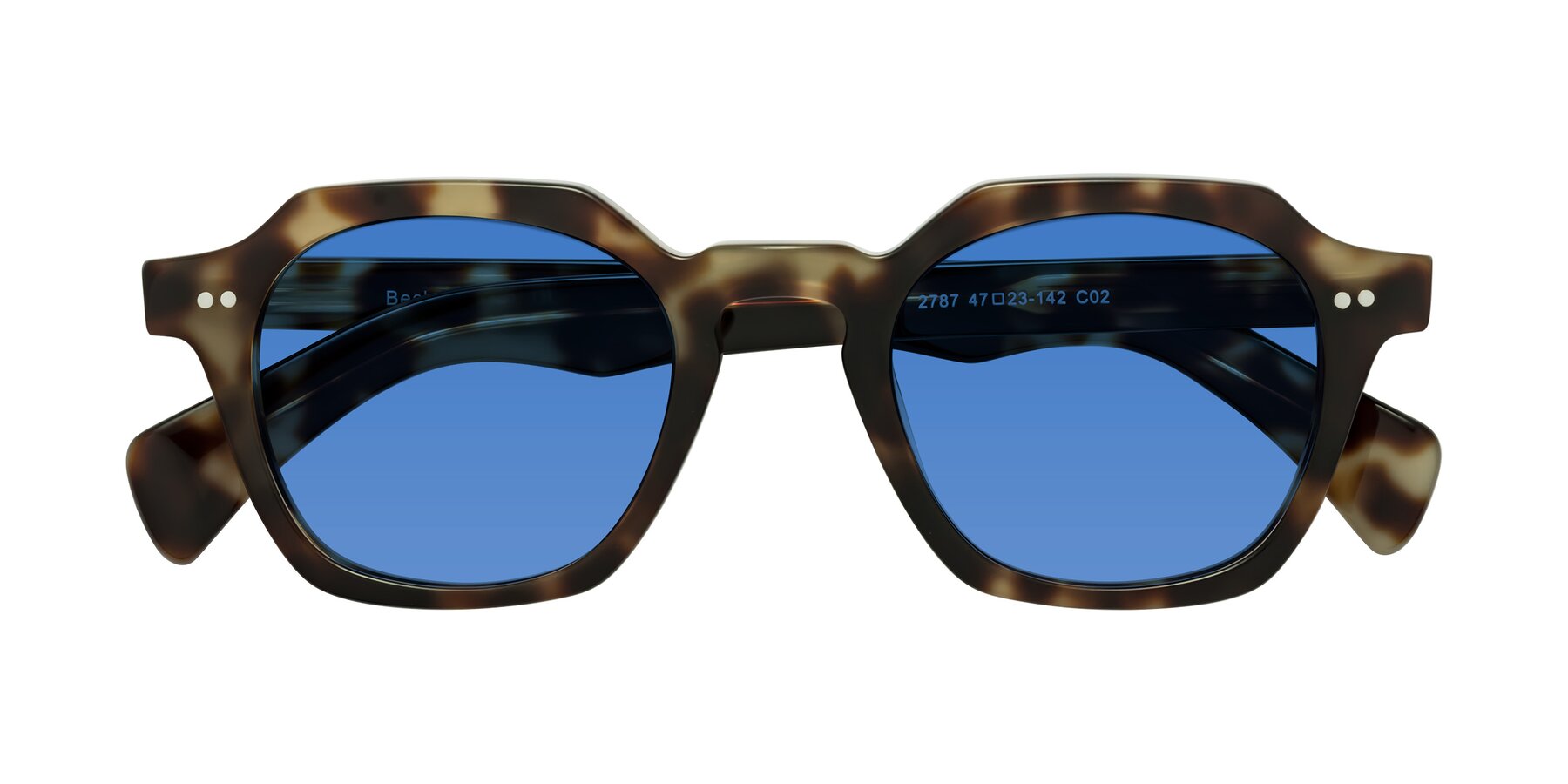 Folded Front of Beckett in Olive Tortoise with Blue Tinted Lenses