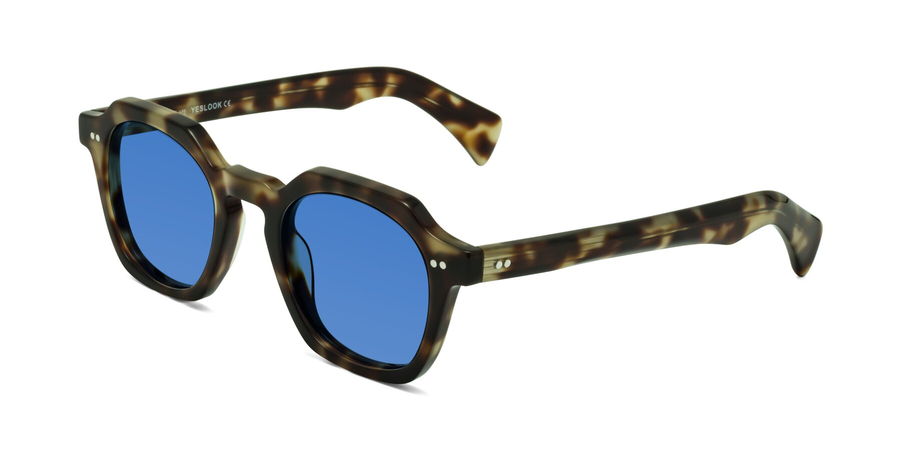 Angle of Beckett in Olive Tortoise with Blue Tinted Lenses