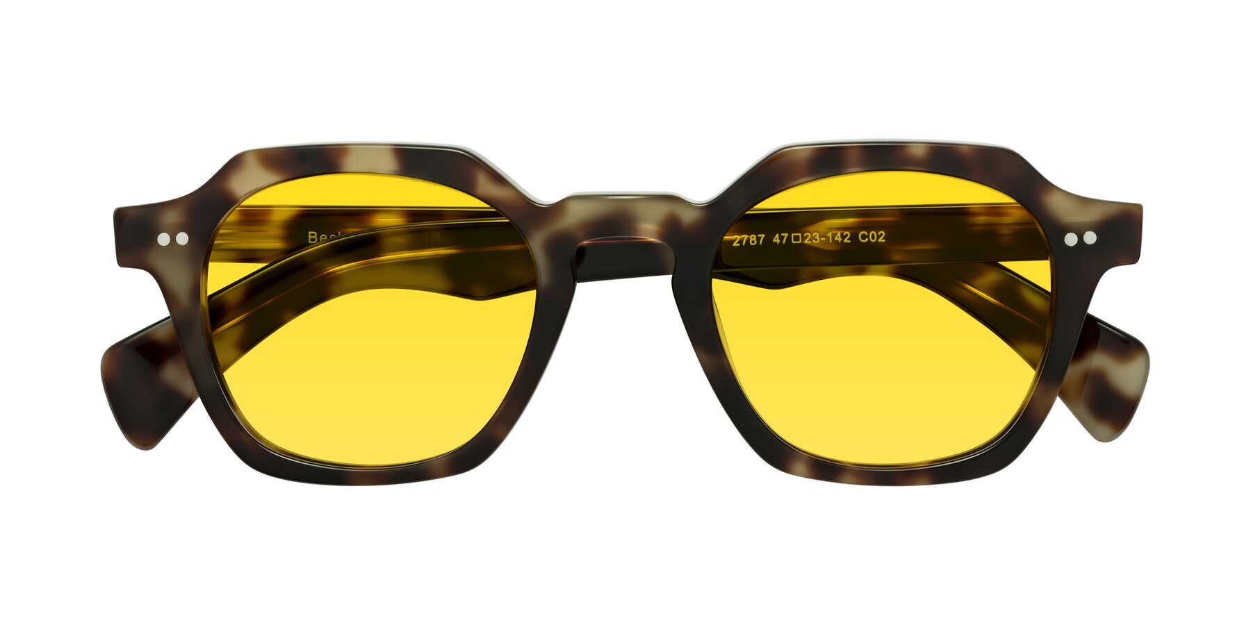 Folded Front of Beckett in Olive Tortoise with Yellow Tinted Lenses