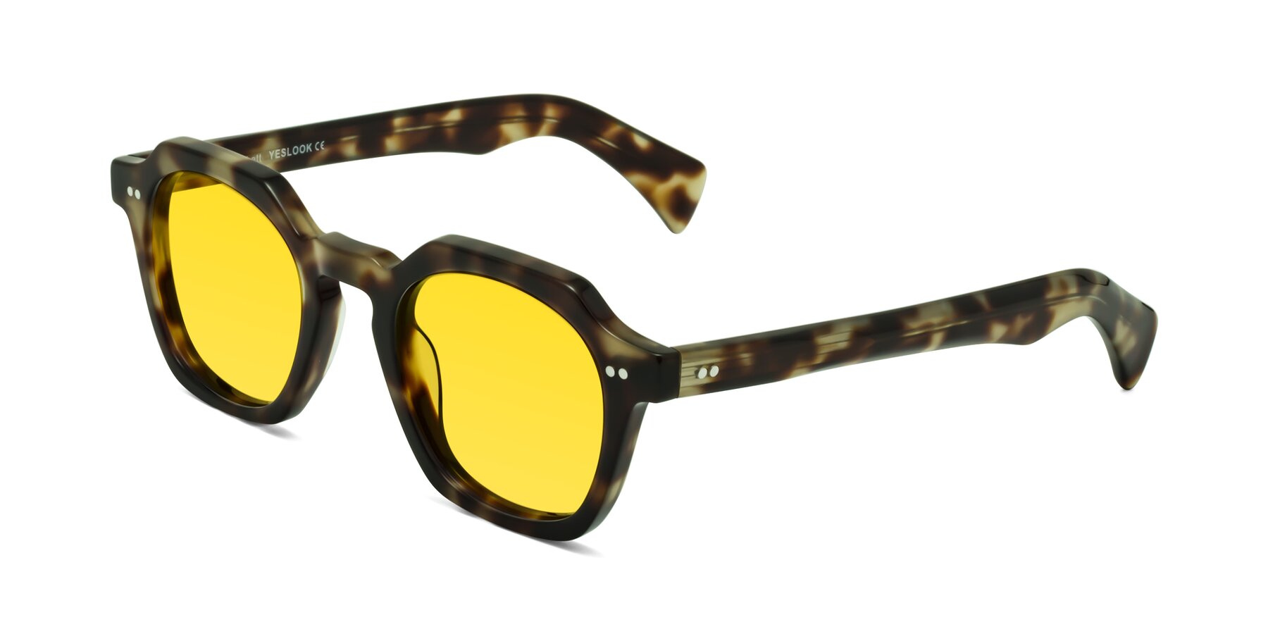 Angle of Beckett in Olive Tortoise with Yellow Tinted Lenses