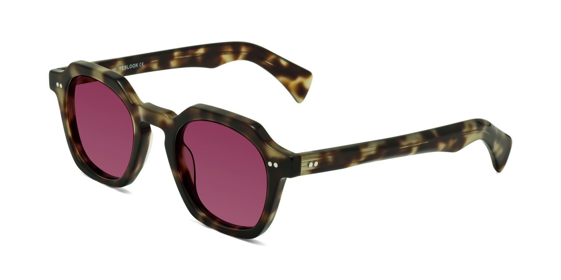 Angle of Beckett in Olive Tortoise with Wine Tinted Lenses