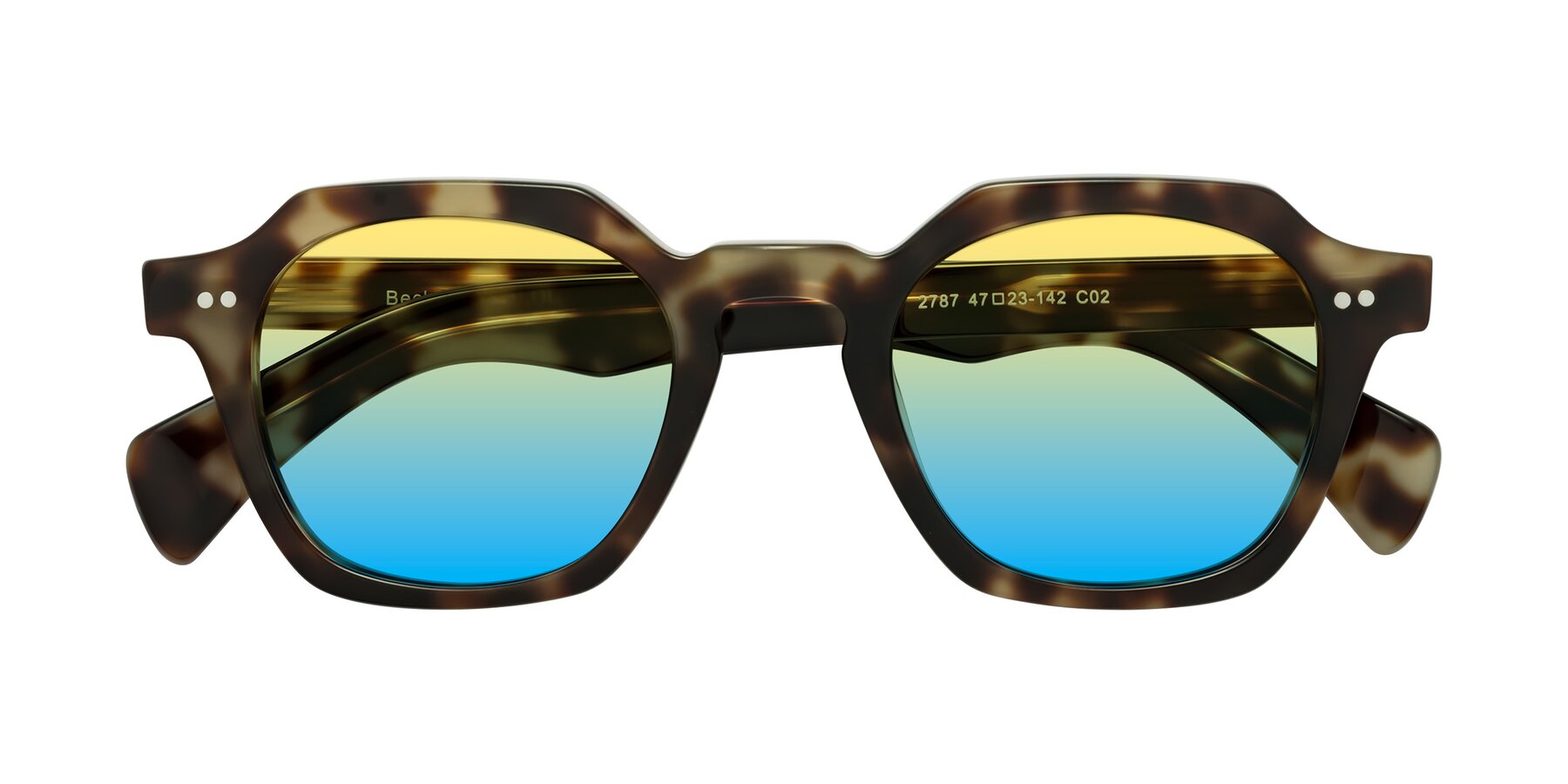Folded Front of Beckett in Olive Tortoise with Yellow / Blue Gradient Lenses