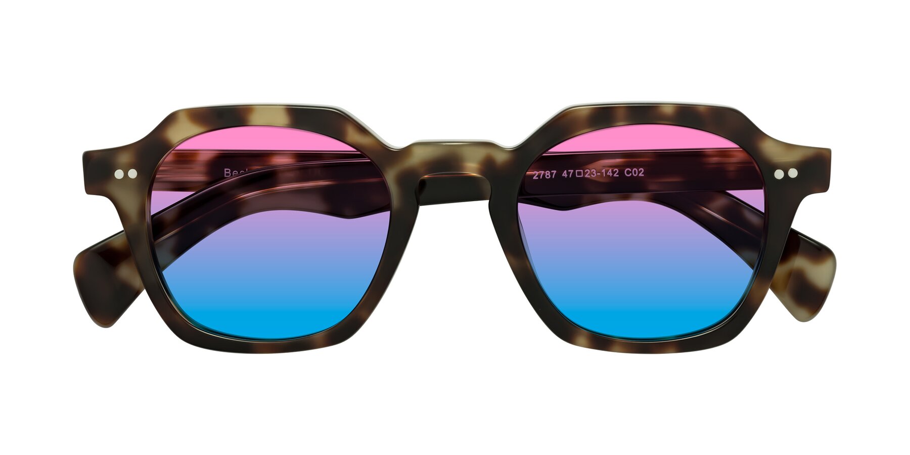 Folded Front of Beckett in Olive Tortoise with Pink / Blue Gradient Lenses