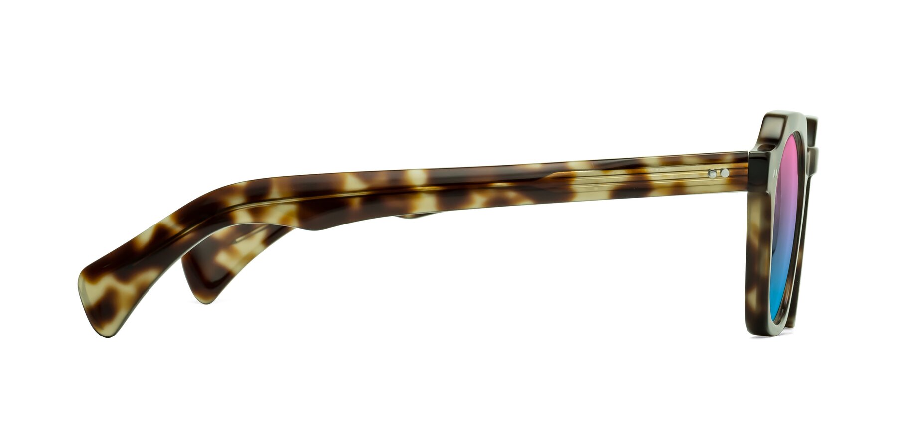 Side of Beckett in Olive Tortoise with Pink / Blue Gradient Lenses