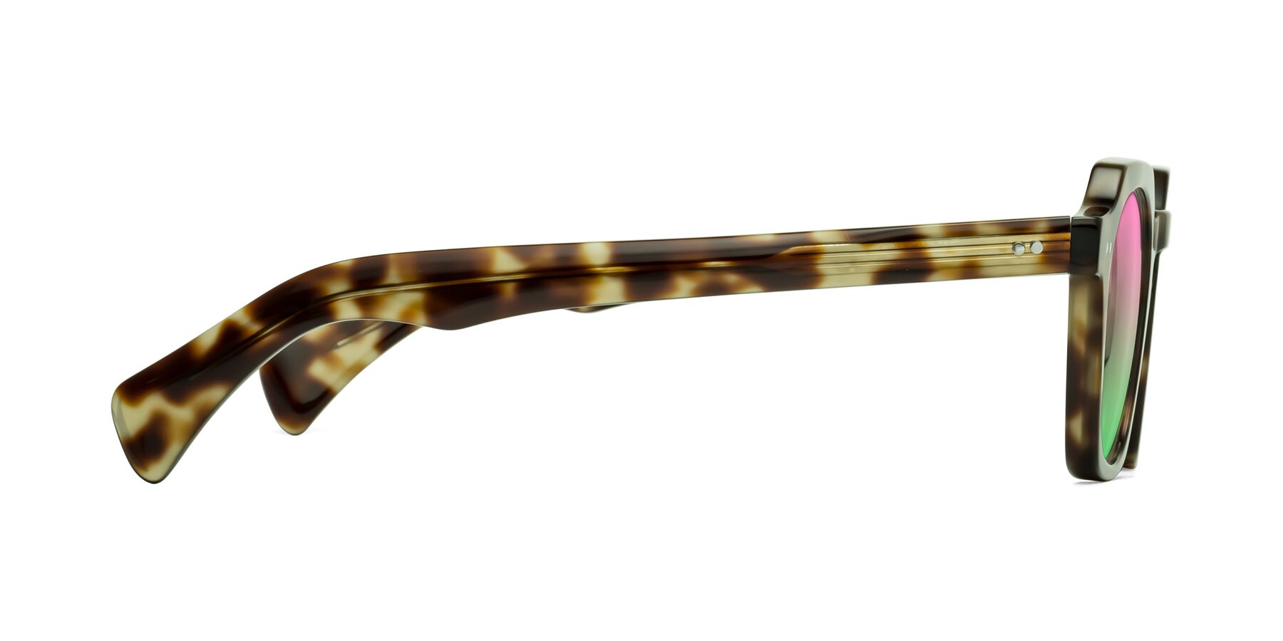 Side of Beckett in Olive Tortoise with Pink / Green Gradient Lenses