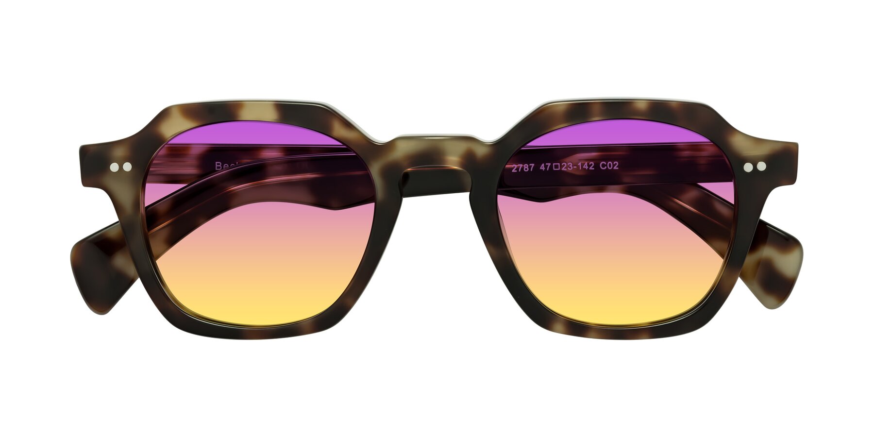 Folded Front of Beckett in Olive Tortoise with Purple / Yellow Gradient Lenses