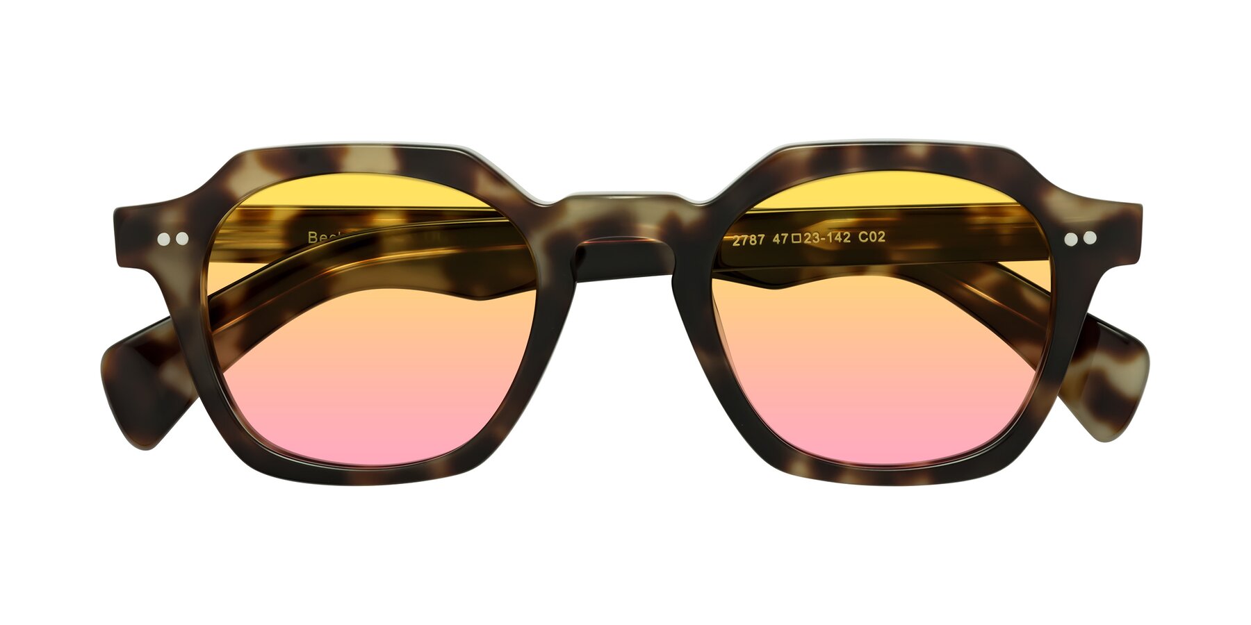 Folded Front of Beckett in Olive Tortoise with Yellow / Pink Gradient Lenses