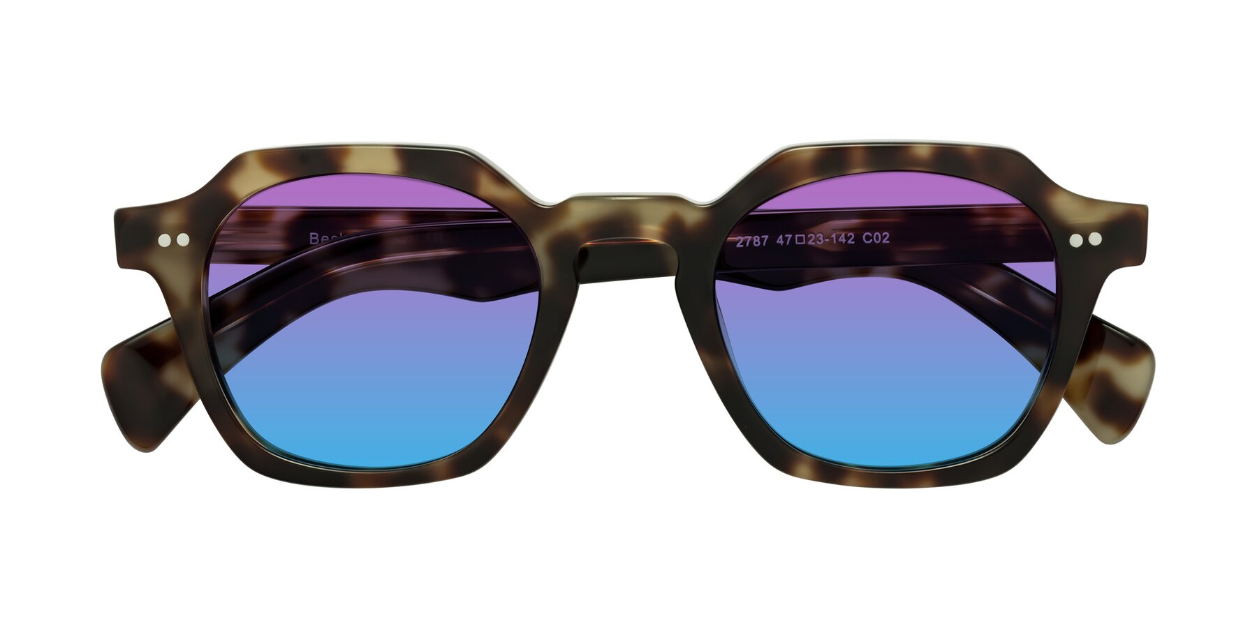 Folded Front of Beckett in Olive Tortoise with Purple / Blue Gradient Lenses