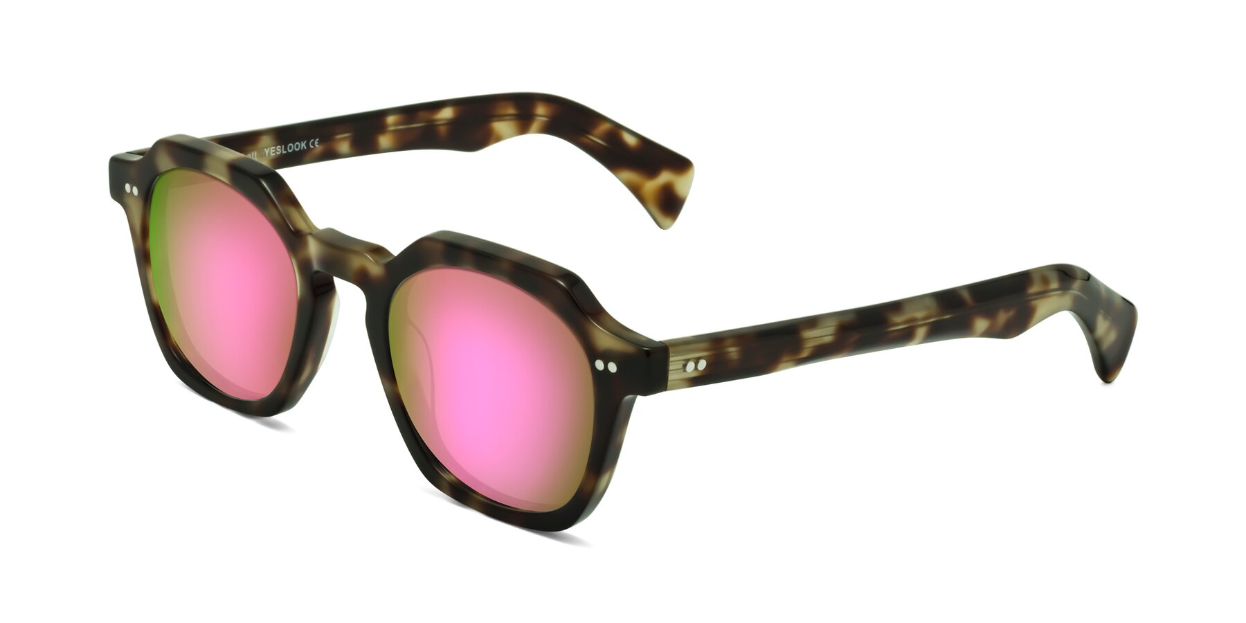 Angle of Beckett in Olive Tortoise with Pink Mirrored Lenses