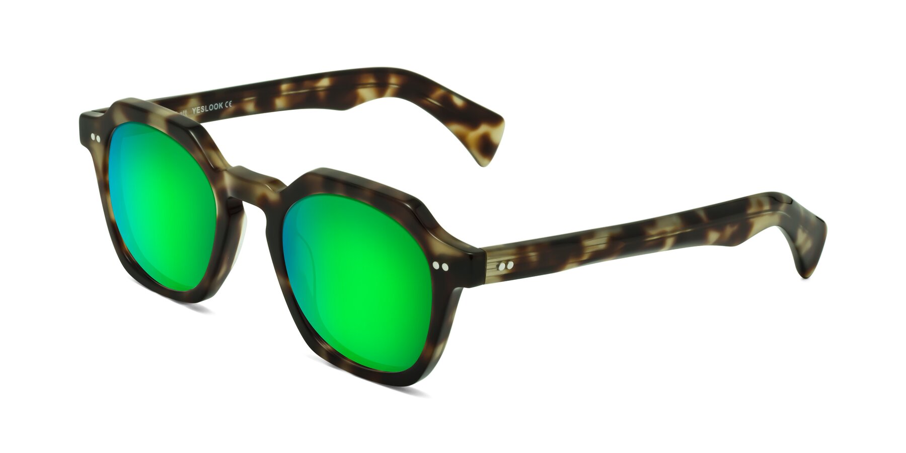 Angle of Beckett in Olive Tortoise with Green Mirrored Lenses