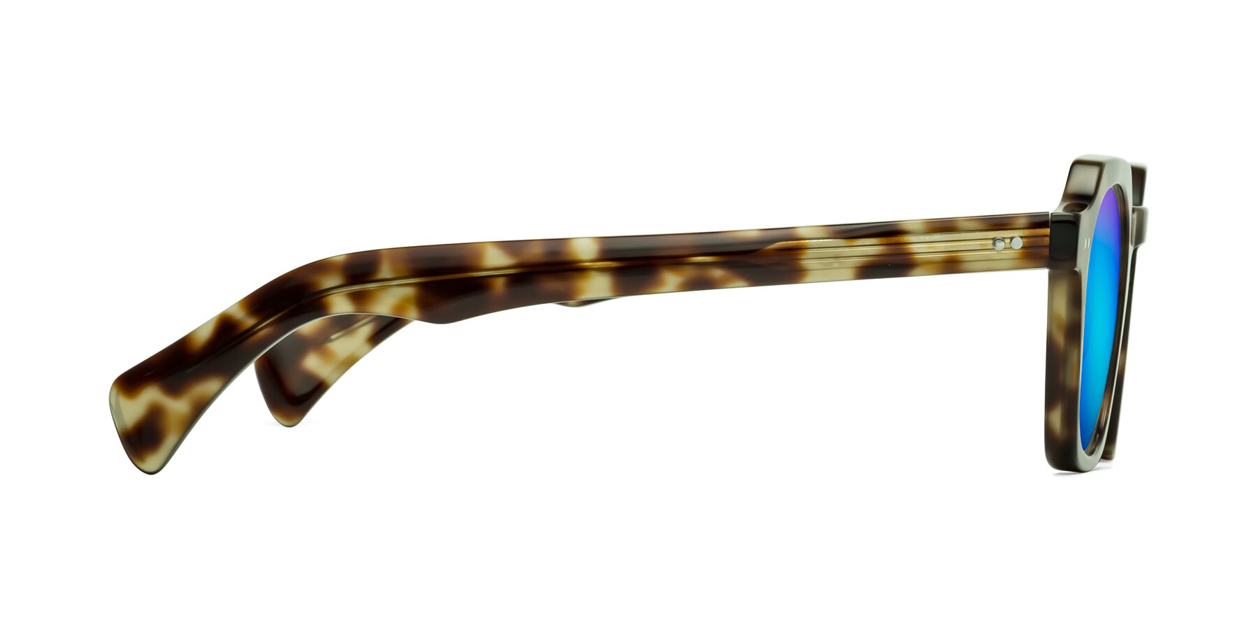 Side of Beckett in Olive Tortoise with Blue Mirrored Lenses