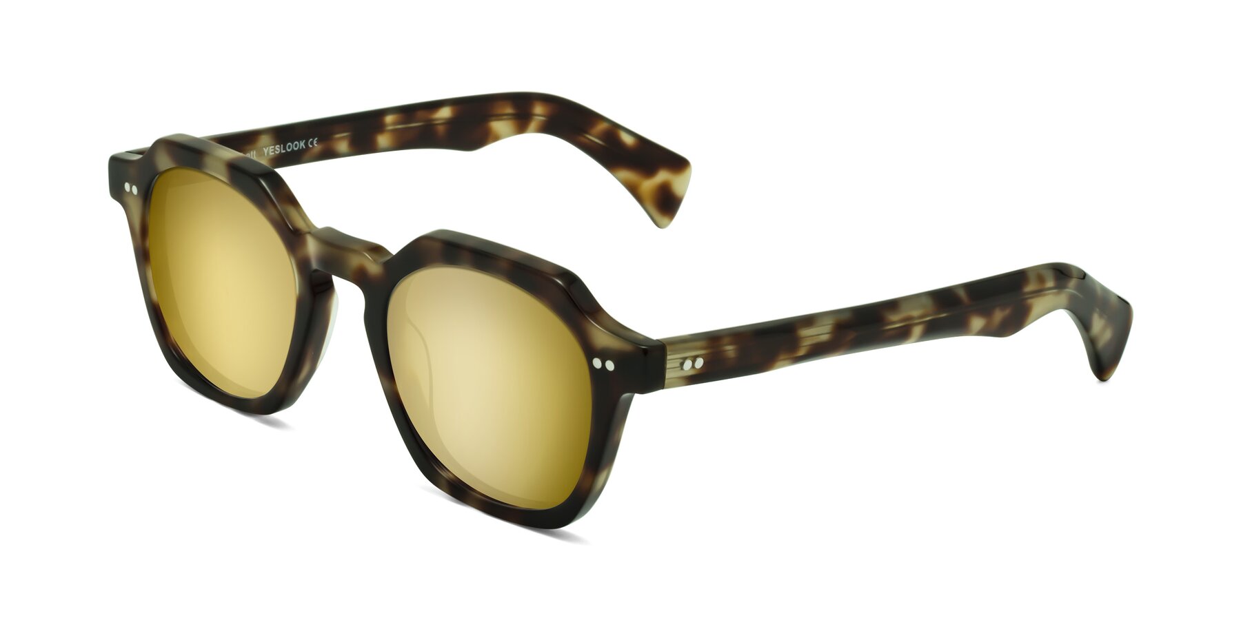 Angle of Beckett in Olive Tortoise with Gold Mirrored Lenses