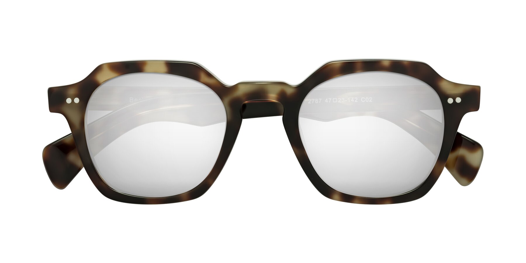 Folded Front of Beckett in Olive Tortoise with Silver Mirrored Lenses