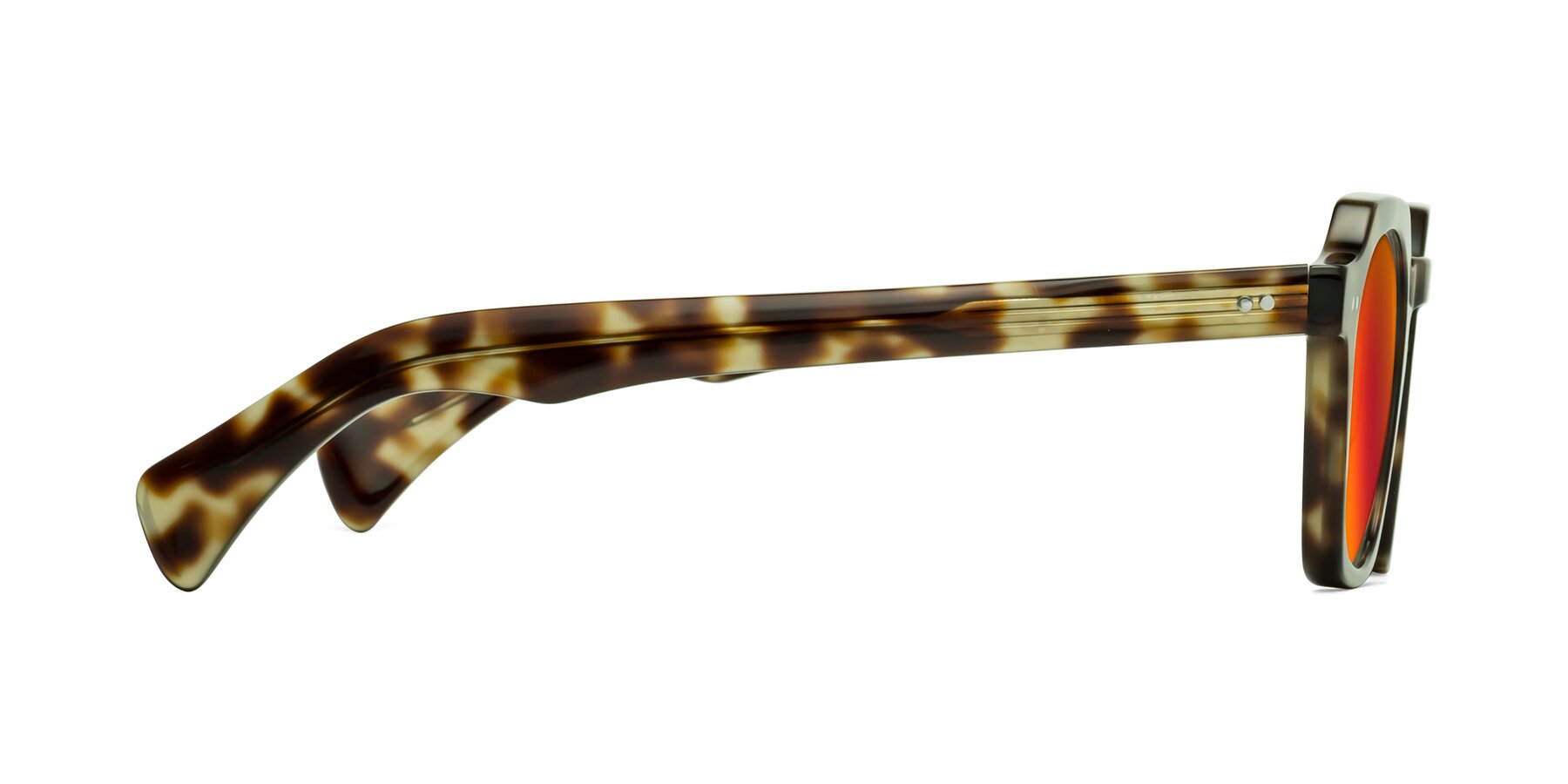Side of Beckett in Olive Tortoise with Red Gold Mirrored Lenses