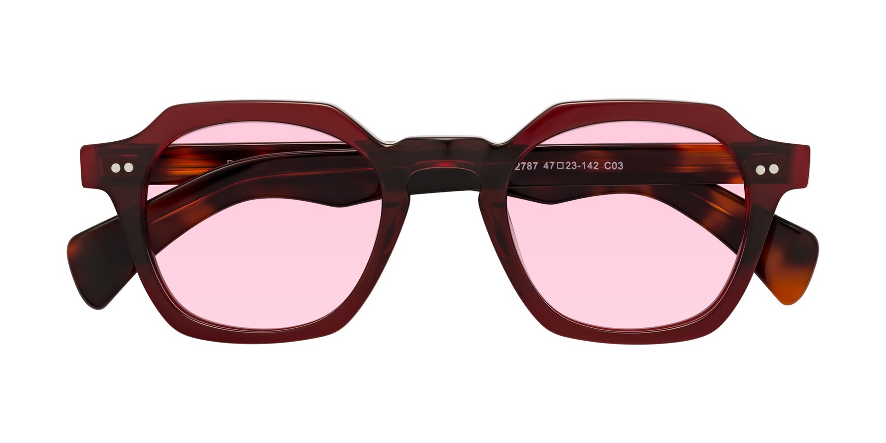 Folded Front of Beckett in Wine/Tortoise with Light Pink Tinted Lenses