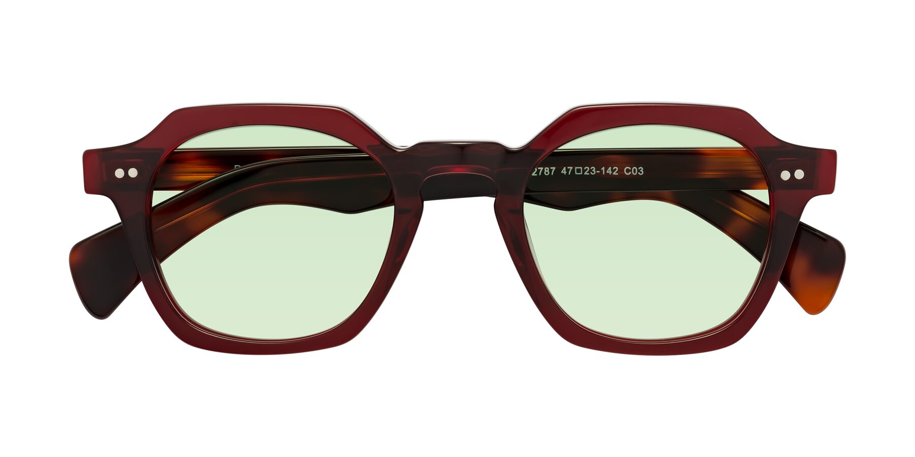 Folded Front of Beckett in Wine/Tortoise with Light Green Tinted Lenses