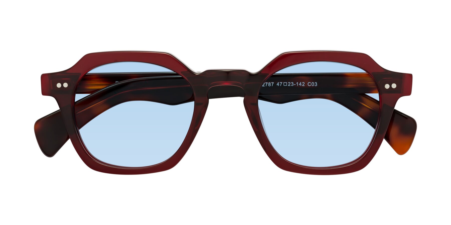 Folded Front of Beckett in Wine/Tortoise with Light Blue Tinted Lenses