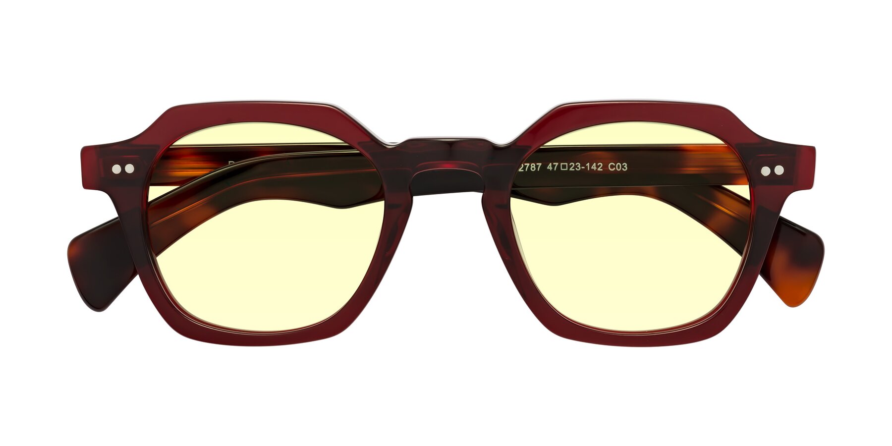 Folded Front of Beckett in Wine/Tortoise with Light Yellow Tinted Lenses