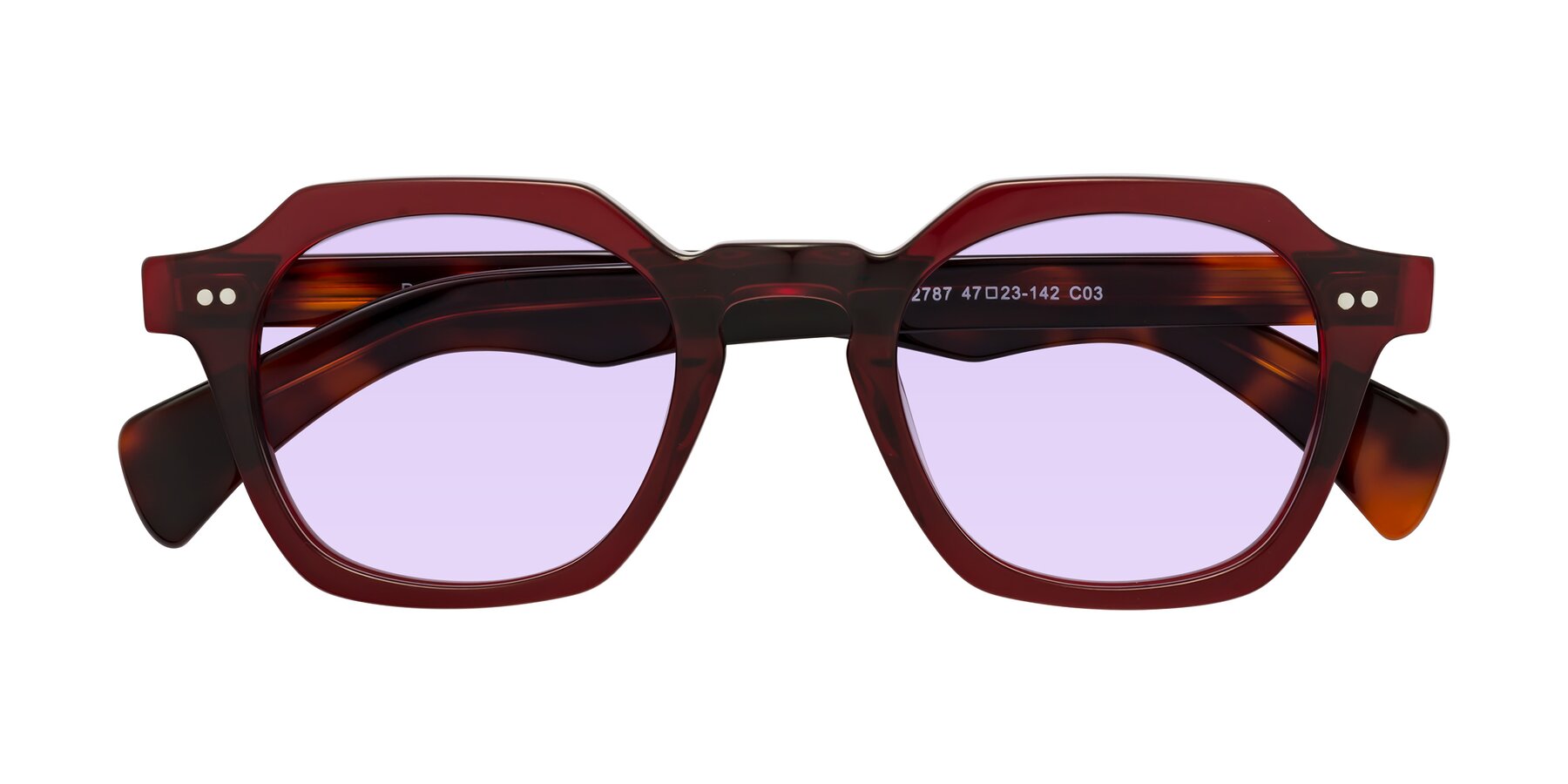 Folded Front of Beckett in Wine/Tortoise with Light Purple Tinted Lenses