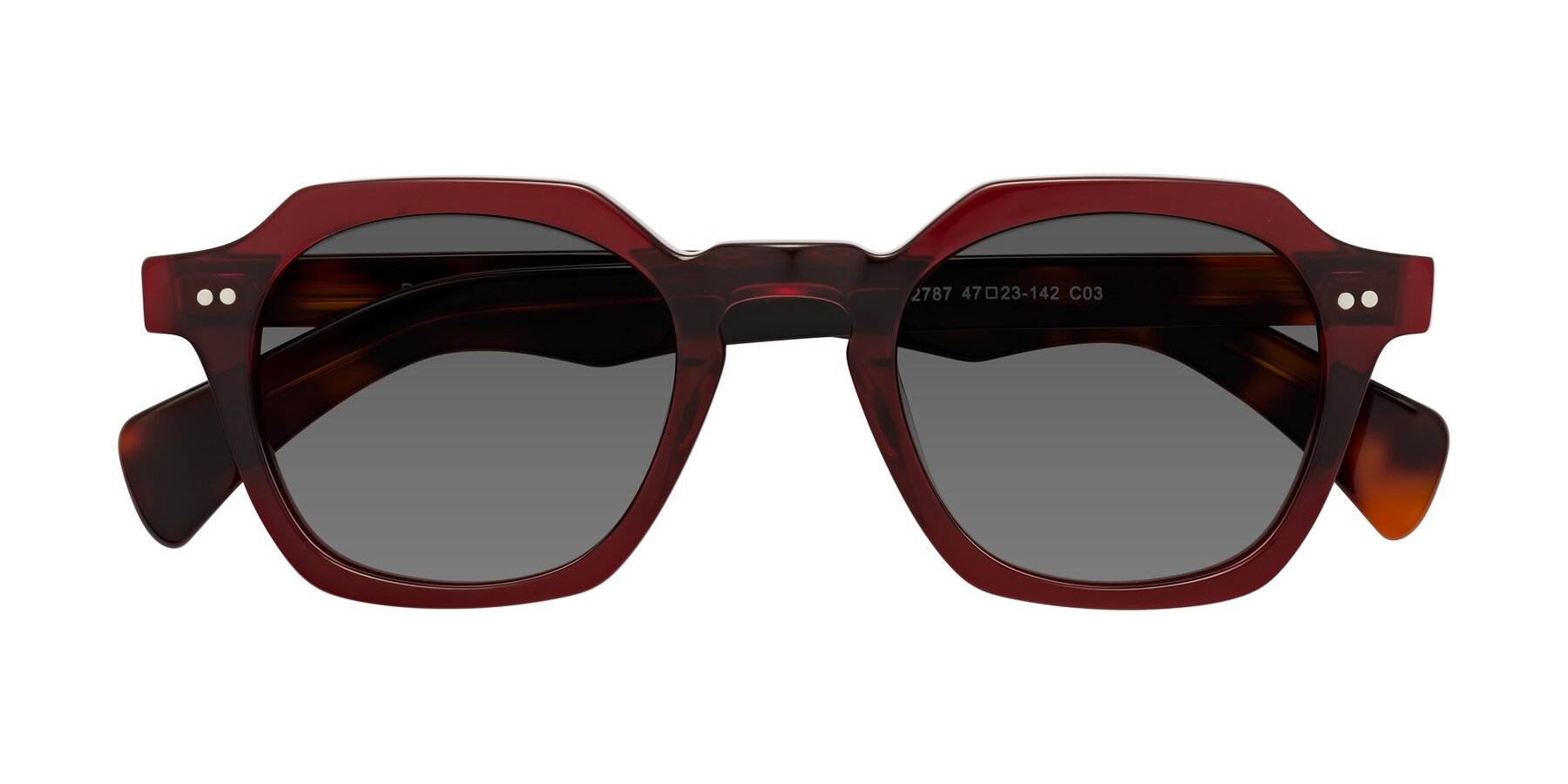 Folded Front of Beckett in Wine/Tortoise with Medium Gray Tinted Lenses