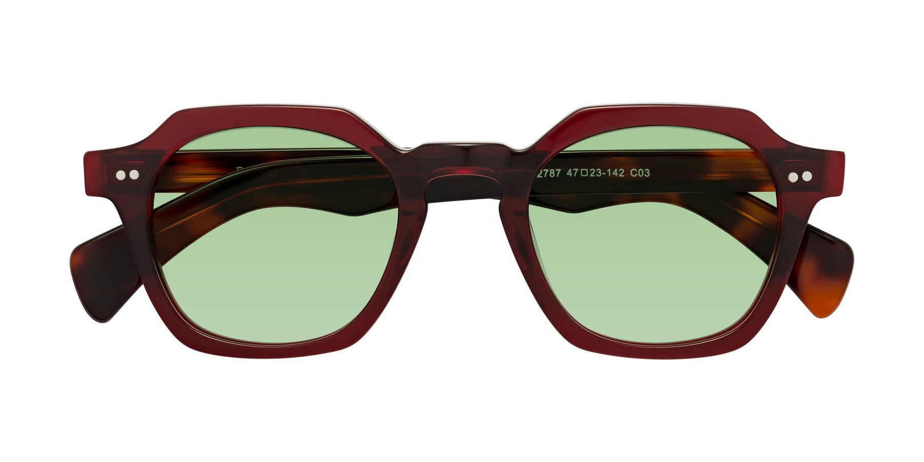 Folded Front of Beckett in Wine/Tortoise with Medium Green Tinted Lenses