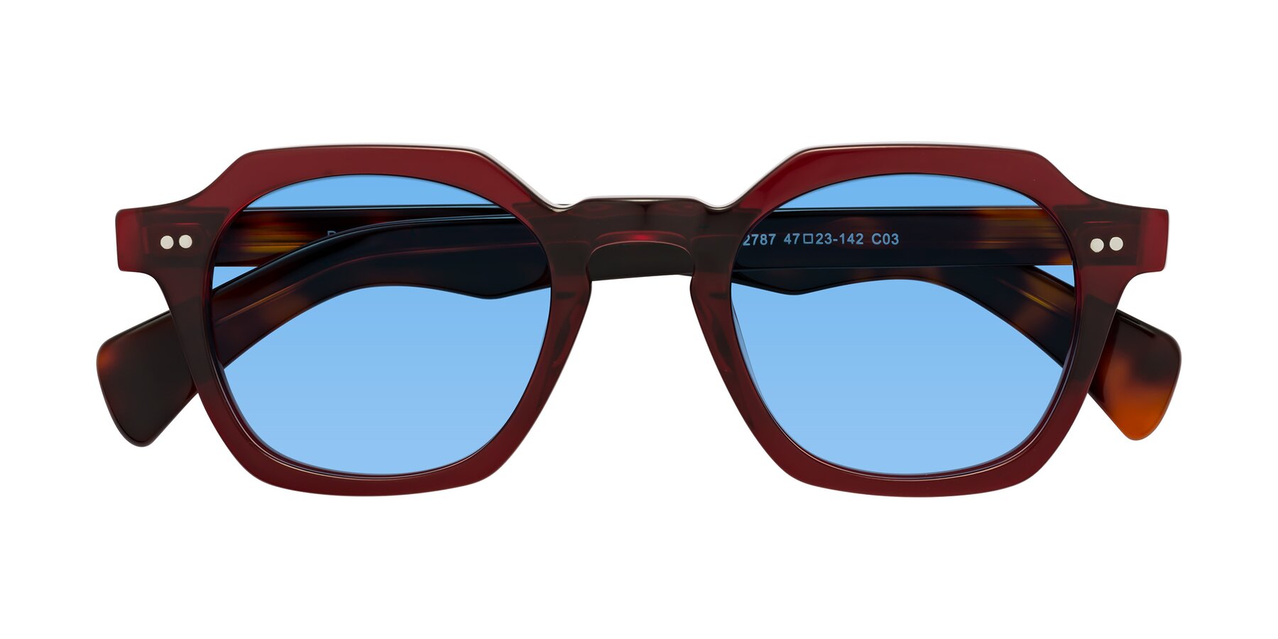 Folded Front of Beckett in Wine/Tortoise with Medium Blue Tinted Lenses