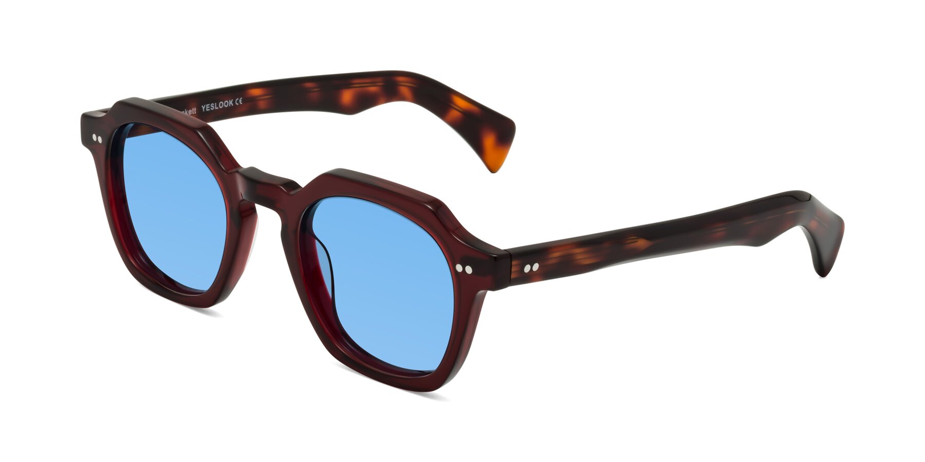 Angle of Beckett in Wine/Tortoise with Medium Blue Tinted Lenses