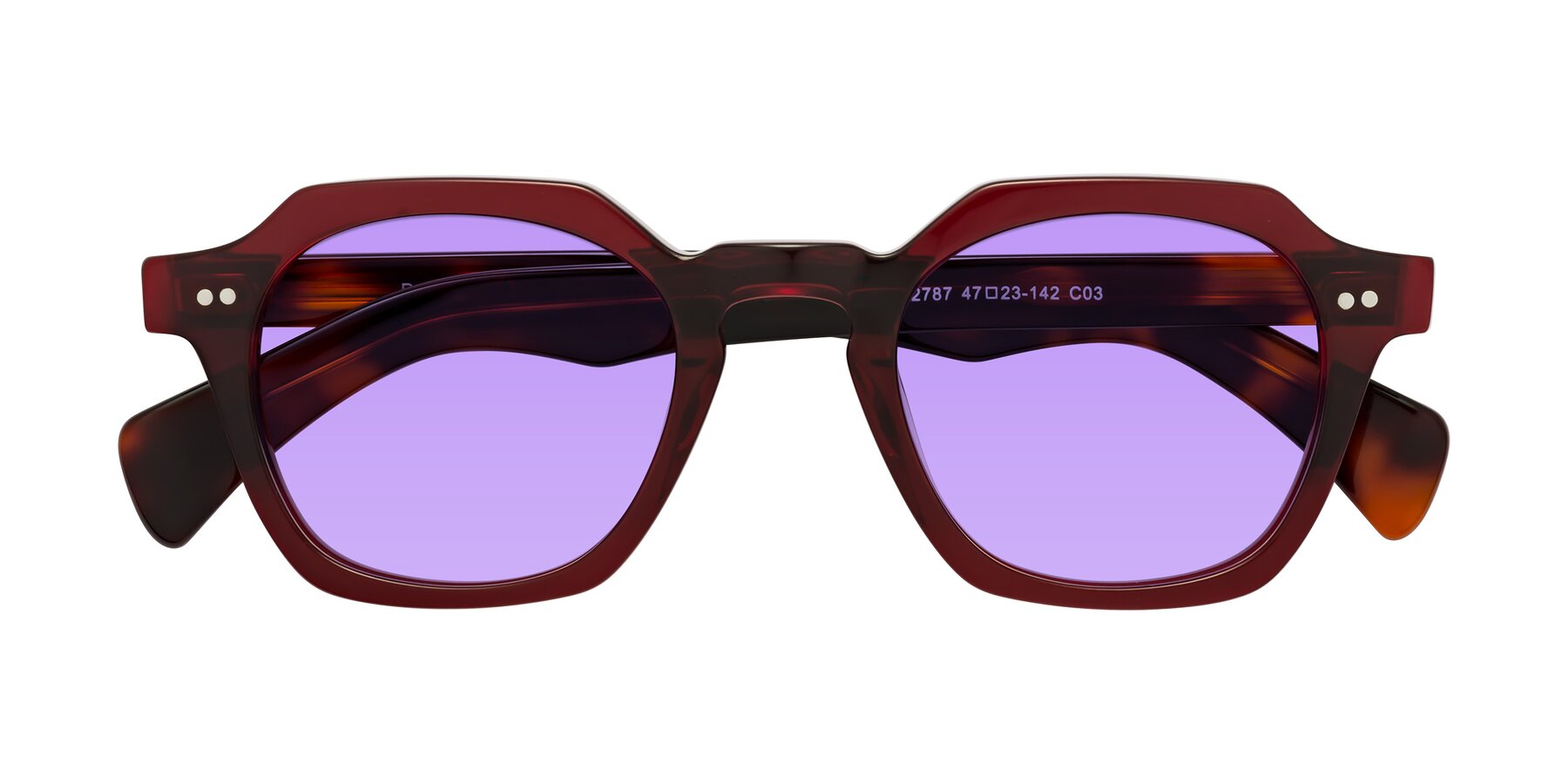 Folded Front of Beckett in Wine/Tortoise with Medium Purple Tinted Lenses