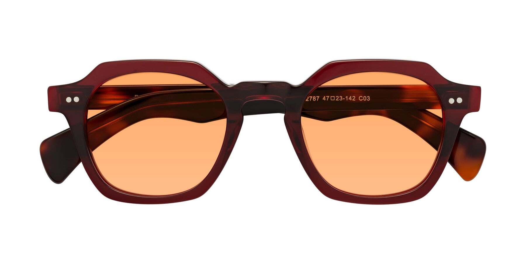Folded Front of Beckett in Wine/Tortoise with Medium Orange Tinted Lenses