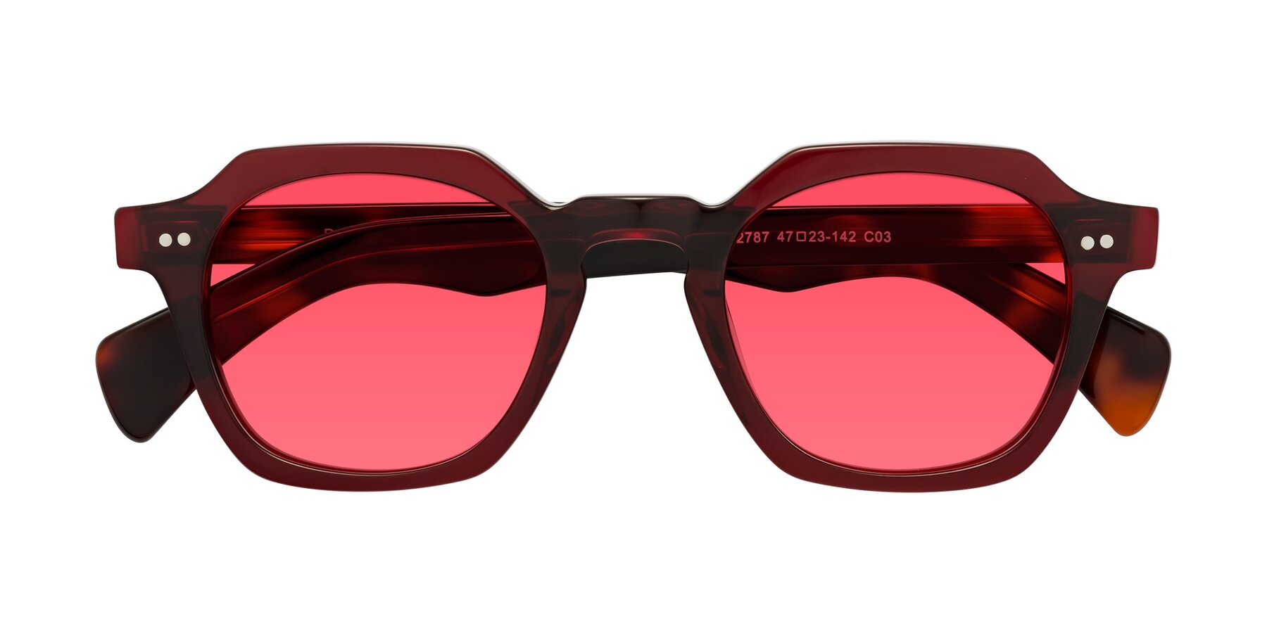 Folded Front of Beckett in Wine/Tortoise with Red Tinted Lenses