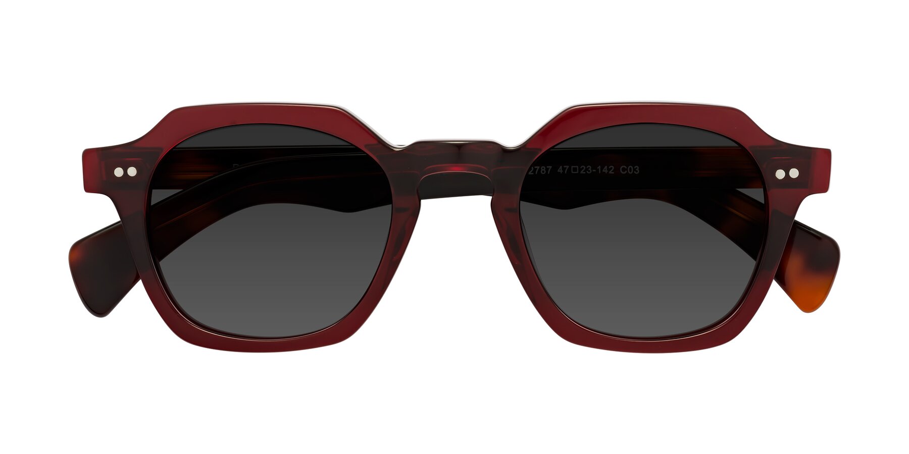 Folded Front of Beckett in Wine/Tortoise with Gray Tinted Lenses