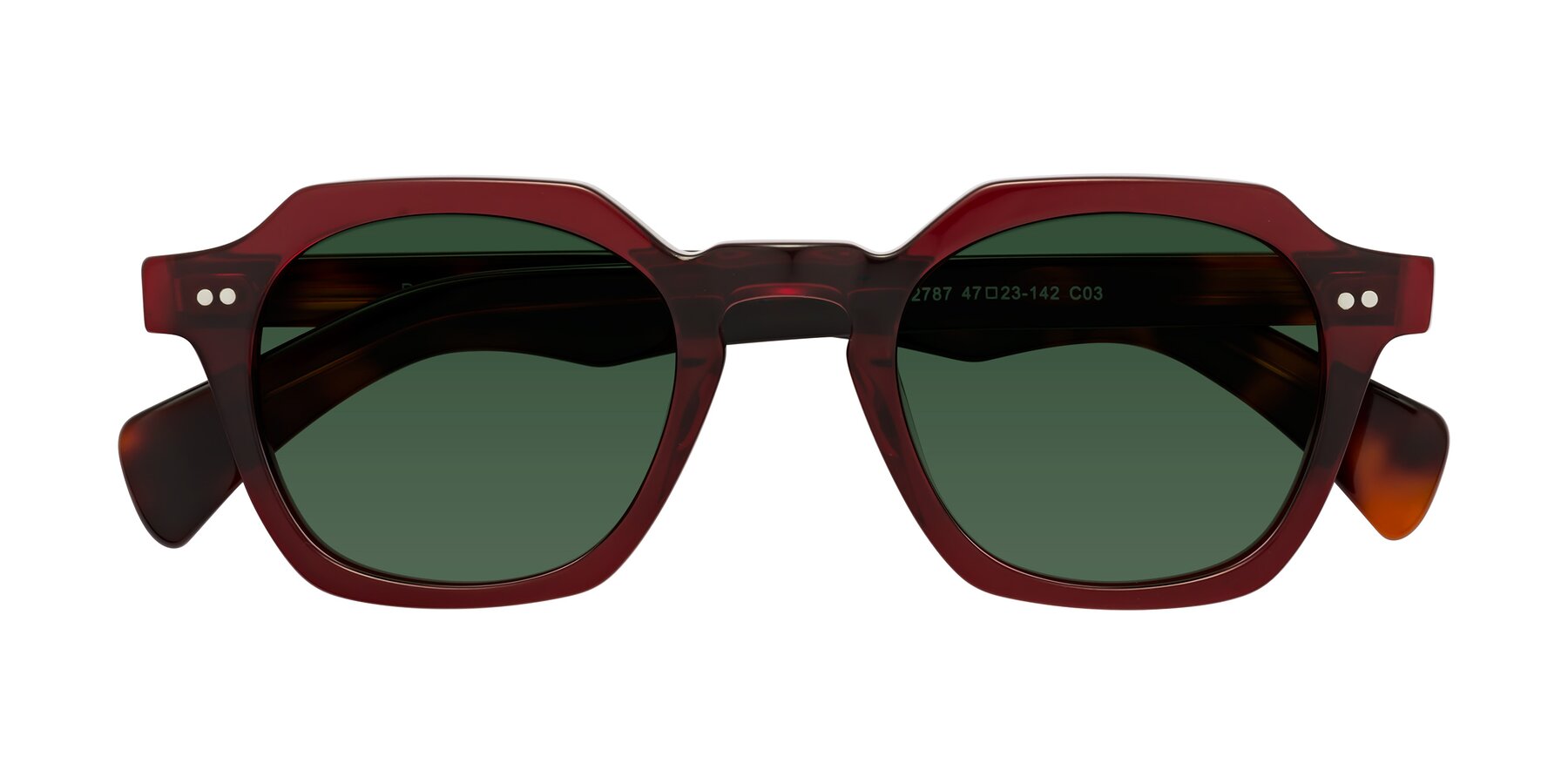 Folded Front of Beckett in Wine/Tortoise with Green Tinted Lenses