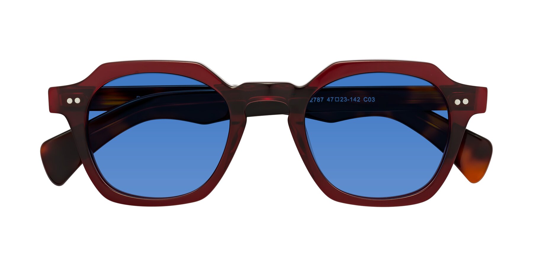 Folded Front of Beckett in Wine/Tortoise with Blue Tinted Lenses