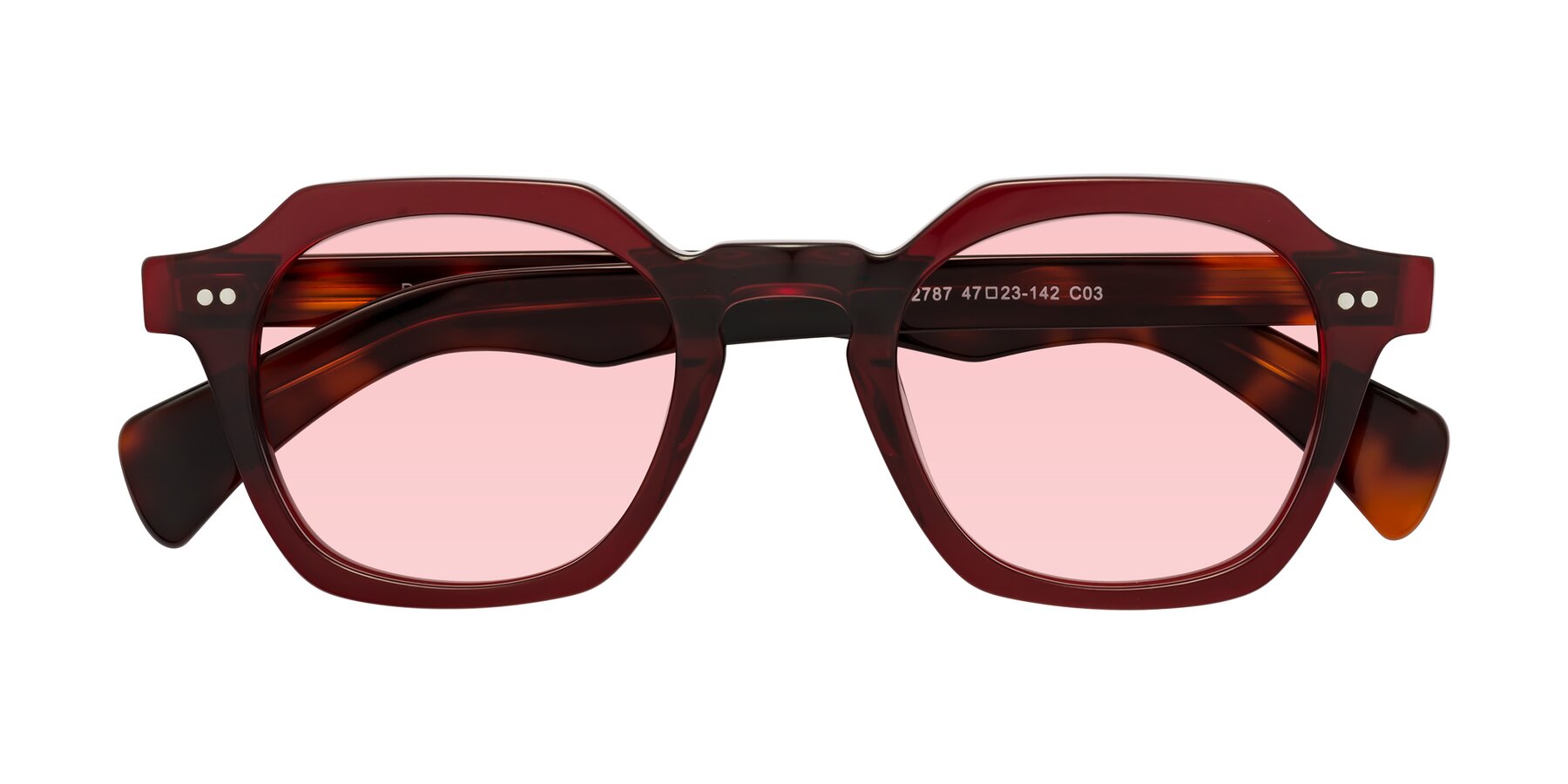 Folded Front of Beckett in Wine/Tortoise with Light Garnet Tinted Lenses