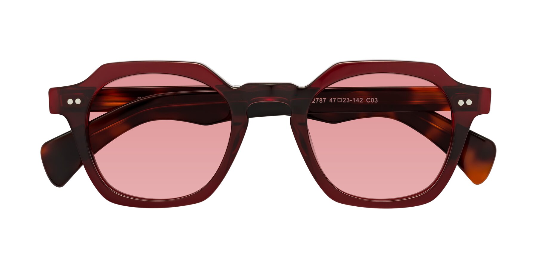Folded Front of Beckett in Wine/Tortoise with Medium Garnet Tinted Lenses