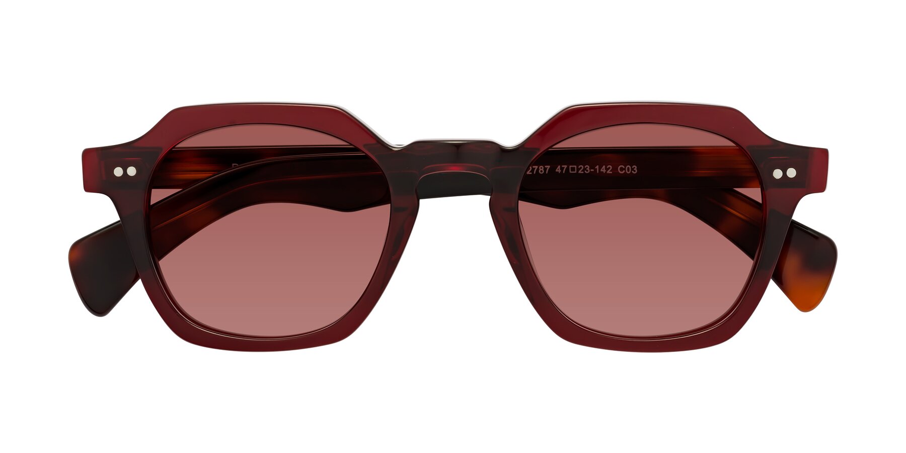 Folded Front of Beckett in Wine/Tortoise with Garnet Tinted Lenses