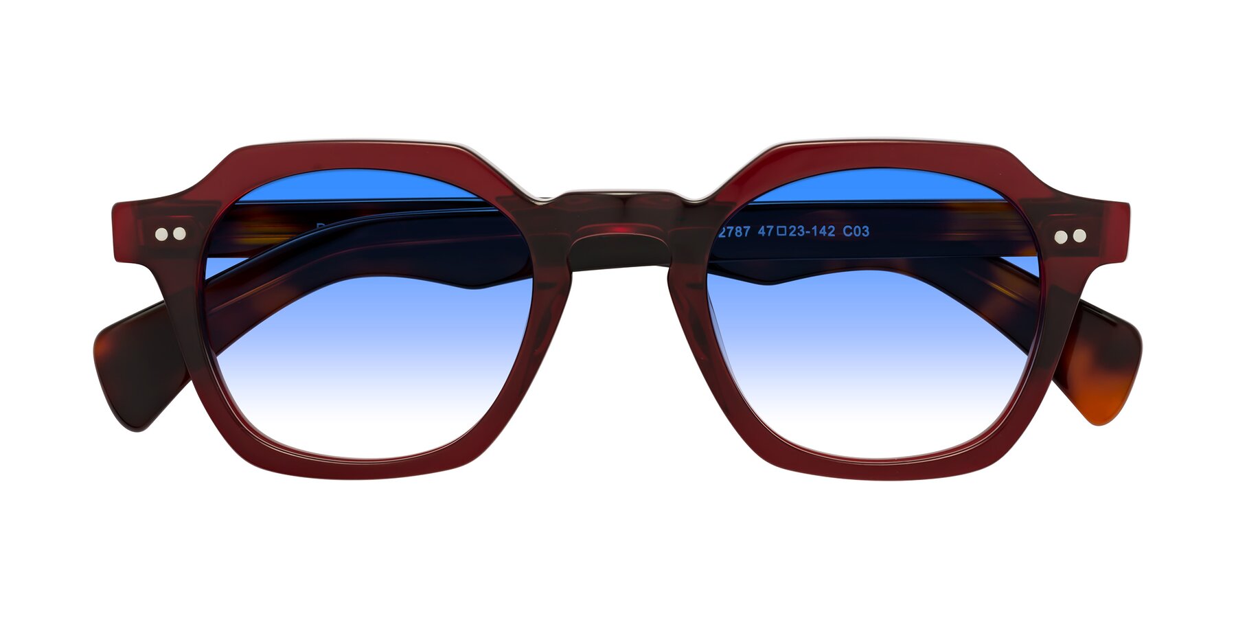 Folded Front of Beckett in Wine/Tortoise with Blue Gradient Lenses