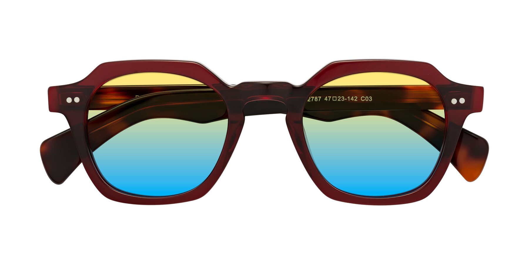 Folded Front of Beckett in Wine/Tortoise with Yellow / Blue Gradient Lenses